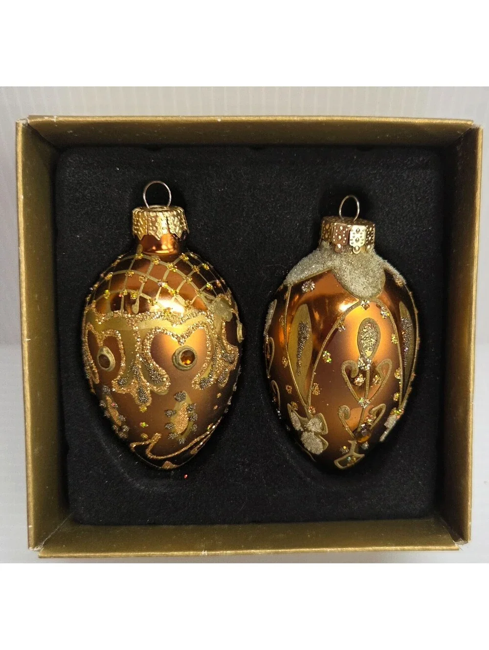 Vintage Style Glass Egg Christmas Ornaments Set of 2 Brown Gold Glitter Boxed